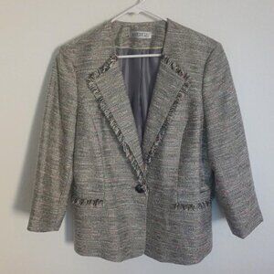KASPER WOMEN'S BLAZER JACKET GRAY SILVER FRAY COLLAR POCKET FLAP 3/4 SLEEVE 16